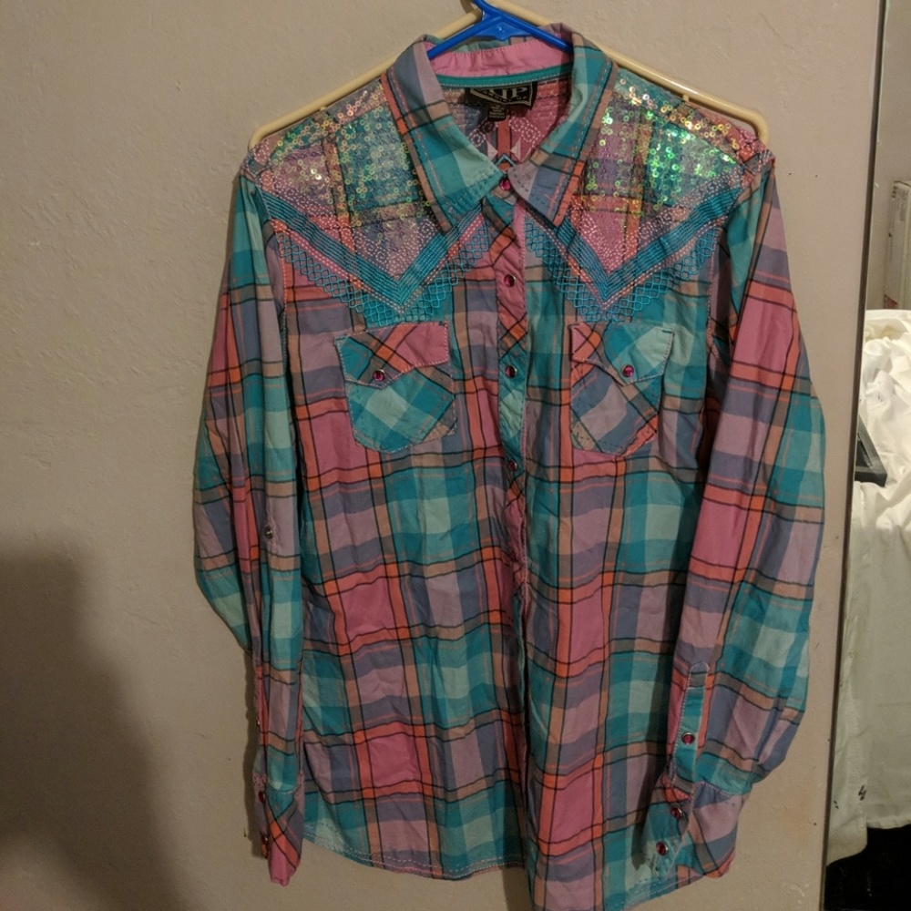 Cowgirl Up pastel plaid button up with sequins